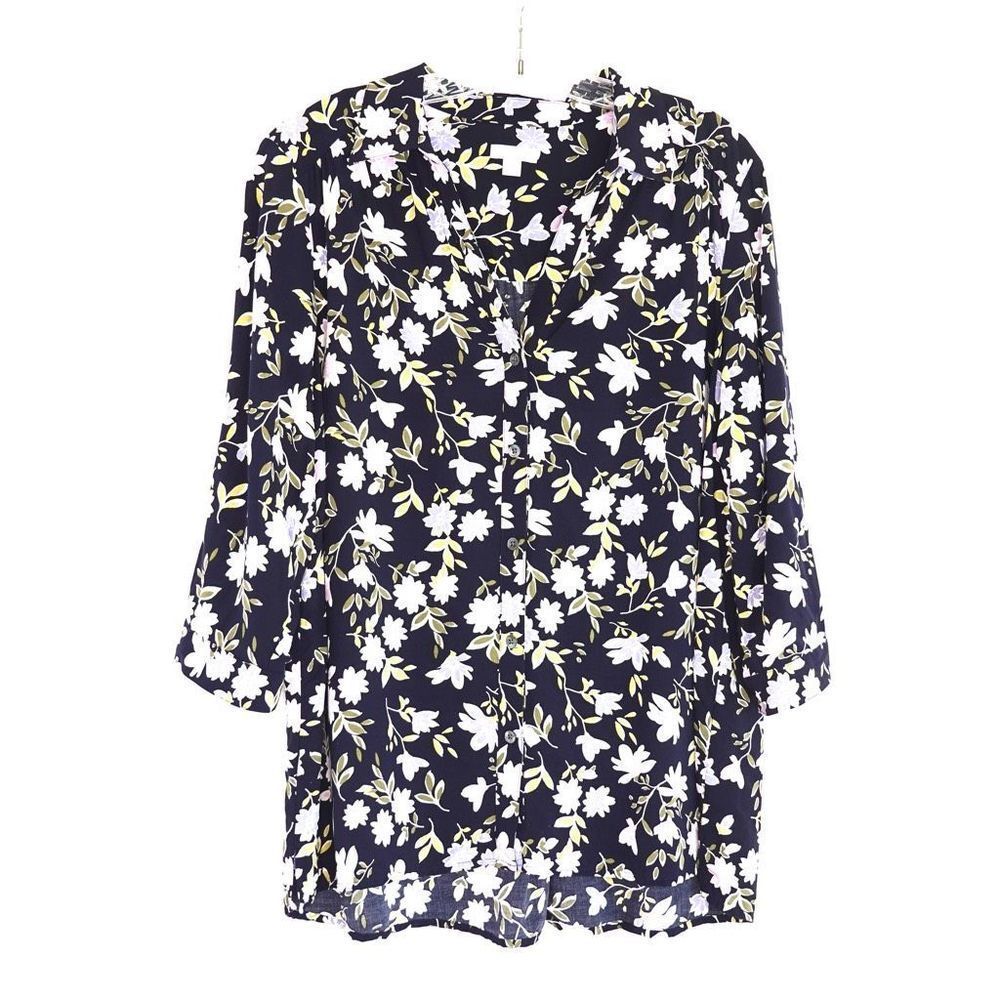 J Jill Floral Button Down Blouse Navy White Lavender Size 1X
